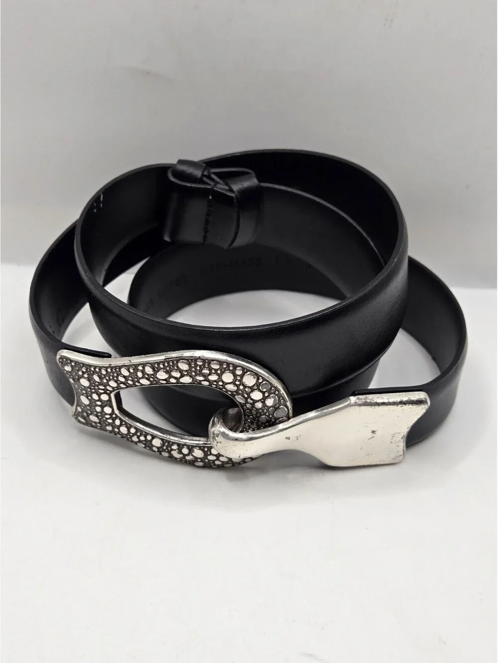Chicos Vintage Black Leather Belt Ornate Silver Pebble Hook Eye Buckle Womens M